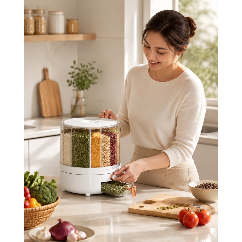 6-Compartment Rotating Grain Dispenser for Kitchen Storage – 360° Dry