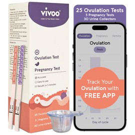 Vivoo Ovulation Test & Predictor Kit: Track Your Cycle and Test Results with Vivoo App, Includes 25 Individually Wrapped Ovulation (LH) Tests, 5 Pregnancy (HCG) Tests with 30 Cups