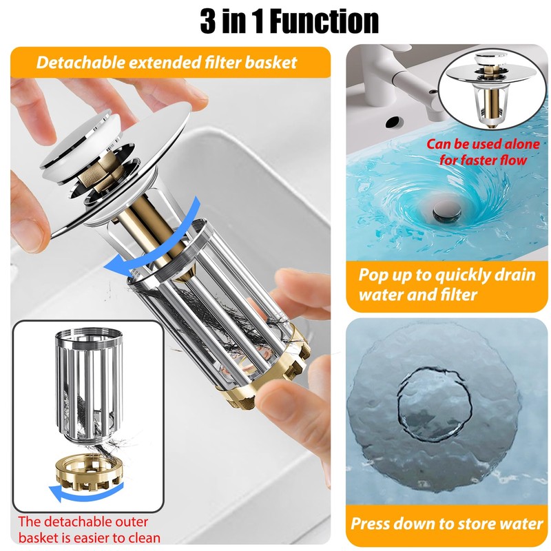 Anlige Bathroom Sink Drain Strainer, 3 in 1 Pop Up