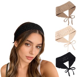 Handmade Crochet Boho Headbands for Women, Adjustable Tie Knit Hippie Bandana, Soft Breathable Bohemian Hair Scarf Head Wrap Western Hair Accessories