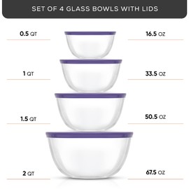 JoyJolt Very Peri 8pc Glass Mixing Bowls with Lids Set - Large Nesting Bowls, 2 Qt, Durable, Dishwasher & Microwave Safe