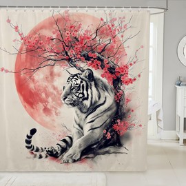 Erosebridal Sakura Tiger Shower Curtain 72" Wx78 L Japanese Shower Curtain for Kids Adults Wild Animal Floral Bathroom Curtain Ukiyo Watercolor Red Sun Bathroom Accessories Waterproof