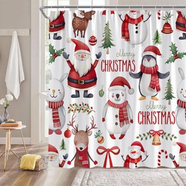 ZKJSMGS Christmas Shower Curtain Santa Elk Deer Xmas Bell Snowman Polar Bear Penguin Watercolor Winter Holiday Festival Red White Bathroom Home Curtain Decor with Hooks,70" Wx70 H