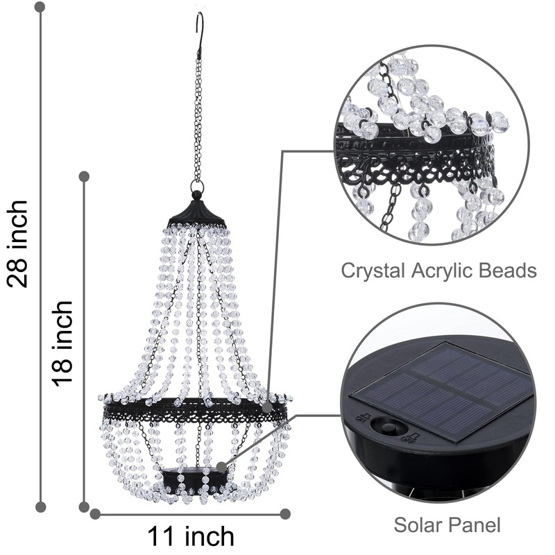Hanging Solar Lantern Outdoor, 28” Modern Clear Crystal Acrylic Chandelier