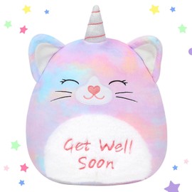 Easfan 13'' Get Well Soon Unicorn Cat Plush Pillow Soft Cute Stuffed Animal with Silver Horn Get Well Soon Gifts for Kids Patient Feel Better for Women Men, Brown