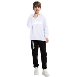 amropi Boy's Tracksuit Pullover Hoodie Jogging Pants Set 2 Pieces Sweatsuit White,8-9 Years