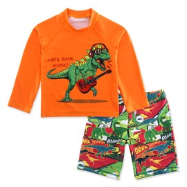 CARMEISON Boys UPF 50+ Long Sleeve Rash Guard and Swim Trunks Outfit Set Toddler to Big Boy Sizes Green Dinosaur 3T
