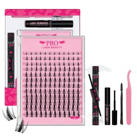 PRO DIY Lash Clusters Kit 144Pcs Lash Extension Kit Wispy Natural Individual Clear Band Lashes D Curl Transparent Invisible Stem Clusters Eyelash Extension Kit with Lash Bond and Seal Lash Applicator Remover(Leaf-D-8-16mix)