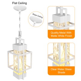 PARTPHONER 15" Outdoor Indoor Pendant Light Exterior Hanging Lantern, Modern Metal Outside Chandelier Light Fixture Ceiling Mount with Water Glass for Front Porch Entrance Foyer Entryway, White