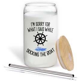 BEHIFL Funny Nautical Glass Cup with Lids and Straws 14oz, Boating Gifts for Men, I'm Sorry for What I Said When I was Docking the Boat Glass Coffee Tumbler Drinking Jars with Cleaning Brush