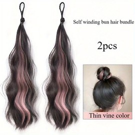 2 Pack in 1 Ponytail Extension Tresses 19'' Colored Highlights Wig Bundle Hairpiece with Self-Winding Braids Elastic Loop Hair DIY Wigs for White Women Black Women (Black Brown+Pink)