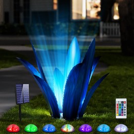 FLYVOLE Upgraded Large Metal Yard Art, Metal Agave Plant Yard Decorations Outdoor Sculpture, Metal Flowers for Outside, Waterproof Outdoor Garden Decor (Blue (W/Solar Light))