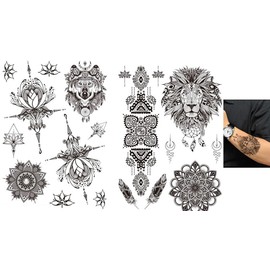 2 Sheets Temporary Lion Tattoo Wolf Tattoo Lotus Flowers Tattoo Underboob Tattoo Fake Tattoo LC103 105