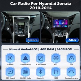 [4+64G] Hikity Android 15 Car Stereo for Hyundai Sonata 2010-2014 with Wireless Carplay Android Auto, 9'' IPS Touch Screen Radio Bluetooth Mirror Link GPS WiFi SWC AI DSP/FM/RDS/32EQ Backup Cam+Mic