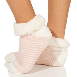 Cleostyle - Collection Women's Warm Slipper Socks with ABS Sole and Warming Teddy Fur in Short 37 (Pink/Stripes), Pink stripes