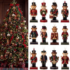 36pcs Christmas Teddy Bear Ornaments Wooden Nutcracker Plaid Decor