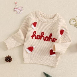 LSFYSZD My First Christmas Knit Sweater Toddler Baby Girls Boys Tractor Embroidery Long Sleeve Winter Warm Knitwear Pullover Jumper Tops (Hohoho Hats-Beige, 2-3 Years)