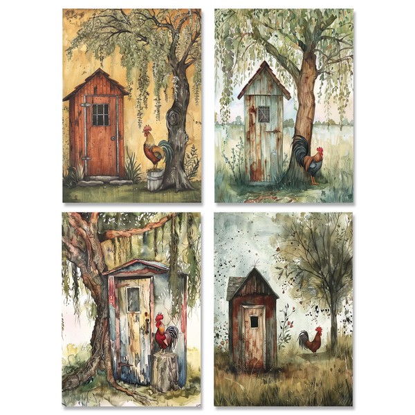 Gotham Decor Set of 4 Rustic Farmhouse Outhouse with Rooster