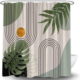 LAEDCIITI Mid Century Boho Sage Green Shower Curtain Abstract Geometric Modern Plant Botanical Minimalist Leaf Arch Sun Tropical Palm Leaf Neutral Fabric Bathroom Curtain Set with Hook