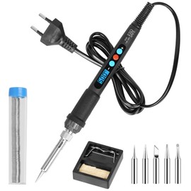 Lötkolben Set, 60W Lötkolben mit Einstellbarer Temperatur 180℃-500℃, Soldering Iron mit ON/OFF, 10g Lötdraht, 5 Lötspitzen, Lötkolbenständer, Lötset für Reparatur des Schweißens