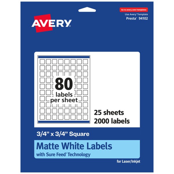 Avery Matte White Square Labels with Sure Feed, 3/4" x