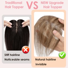 S-noilite Hair Toppers for Women Human Hair with Side Bangs - 7x11cm Hand-stitched Base 360° 3D Coverage Natural 14g (Medium Brown/Dark Blonde #4/27)