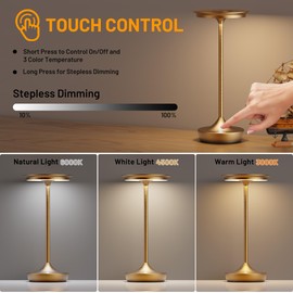 SHANGCAI LED Rechargeable Cordless Table Lamps, Portable Outdoor Battery Operated Table Light 3 Color Stepless Dimming Table Lamp with Memory Function for Patio Restaurant Dining Room Bronze