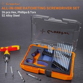 Crosstar Impact-Rated 30-Piece Interchangeable Ratcheting T-Handle Set – SAE, Metric, Hex, Torx, Phillips Magnetic Bits with Holder & Torsion Zone, 4”/3” Long S2 Steel Bits in Storage Case
