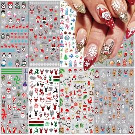 8Sheets Christmas Nail Stickers 3D Xmas Nail Decals Winter Cartoon Elk Snowflake Santa Claus Snowman Bell Reindeer Buffalo Plaid Nail Designs Sticker for Women Girls Christmas Nail Art Decoration