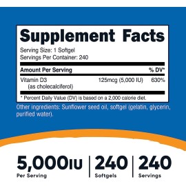 Vitamina D3, Colecalciferol, 5000 Ui, 240 Cápsulas Blandas
