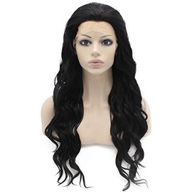 Mxangel Long Wavy Celebrity Lace Front Wig Half Hand Tied Heat Resistant Fiber Black Synthetic Hair Wig