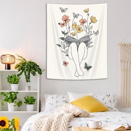 Butterfly Tapestry Abstract Woman Fabric Floral Wall Hanging Tapestry Minimalist Lines Aesthetic Reading Book Leaves Aesthetic Modern Sketch Boho Tapestry Living Room Bedroom Dorm 40X60 Inch