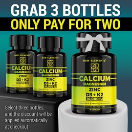 New Elements Calcium Magnesium Zinc with Vitamin D3 10,000 IU & K2 MK-7 – Bone, Muscle & Immune Support – 60 Vegan Capsules – High Absorption – Non-GMO, Gluten Free