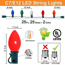 C7 LED Christmas Lights Outdoor, 25Ft Multicolor Vintage Christmas Lights 27 LED Bulbs C7 Christmas String Lights Plug in Indoor for Christmas Tree Backyard Wedding Party Christmas Decor Green Wire