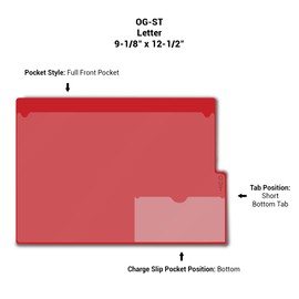 Doctor Stuff - Short Tab Vinyl Outguides, Full Front Pocket, Bottom Charge Out Slip Pocket, Plastic File Folder, Letter Short Size 9-1/8" x 12-1/2", Red, 50/Box