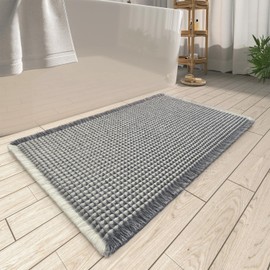 Upgraded Waffle Bath Mat, Super Absorbent Non Slip Bath Mats for Bathroom Floor, Machine Washable Bathroom Rugs with Tassels, Rubber Backed Bathroom Mats, Ultra Soft, 20" x 32",DarkGrey & Cream