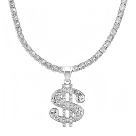 Yonghao Pavilion Diamond-studded US dollar stainless steel pendant hip-hop necklace for men, gold and silver tennis chain for women, chain width 5mm 3mm, length 23.62 inches (Silver Small)