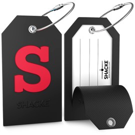 Initial Luggage Tag with Full Privacy Cover and Stainless Steel Loop (Black) (S)