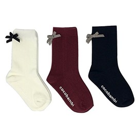 cocobambi 子供靴下クルー丈 リボン付き スベリ止め付 3足組 白×エンジ×ネイビー 15-20cm 88-65-1160