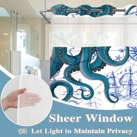 Fungarth Navy Blue Nautical Octopus No Hook Shower Curtain with Snap in Liner Funny Ocean Mermaid Hookless Shower Curtains for Bathroom Anchor Coastal Map Waterproof Fabric Bath Curtain Decor 71×74In