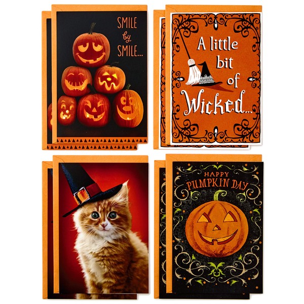 Hallmark Halloween Cards Assortment, Wicked Cat and Pumpkins (8 Cards with Envelopes)