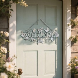 Queltharion Metal Welcome Wall Decor Rustic Farmhouse Distressed Flower and Butterfly Welcome Sign Hanging Decorative for Garden Porch Patio Yard Outdoor 23.5" L (White)