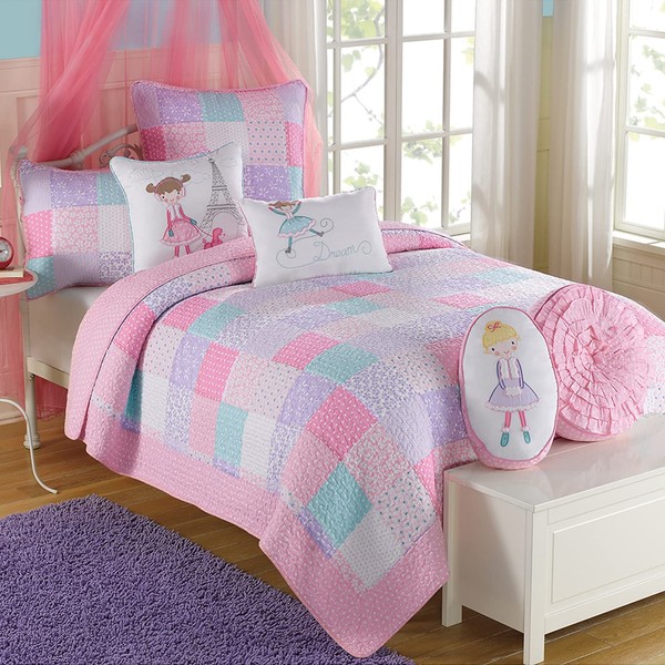 Cozy Line Home Fashions Angelina Floral Dot Pink Light Purple Blue 100% Cotton Reversible Girl Quilt Bedding Set, Bedspread, Coverlet (Queen - 3 Piece)