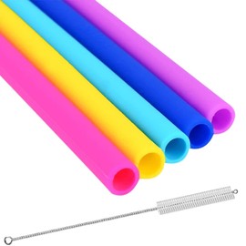 Reusable Silicone Drinking Straws - Set of 5 - BPA Free - Free Cleaning Brush Included - 10" Long Extra Wide Fat Straws - Great Gift for Smoothies & Bubble Tea Lovers