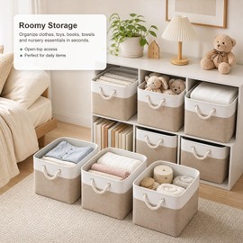 11x11 Inch Cube Storage Bins, 8 Pack Collapsible Fabric Storage Cubes with Rope Handles, Waterproof Foldable Storage Baskets for Cube Shelves, Closet, Clothes, Toys, Books, White & Beige Gold