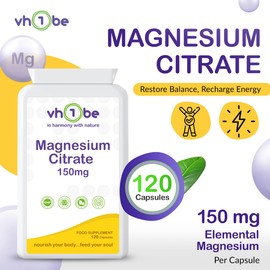 Magnesium Citrate 500mg – 120 Vegan Capsules | High Absorption Magnesium Supplement for Sleep, Energy, Digestion & Muscle Relief | 150mg Active Elemental Mg Supplement | Made in UK by vh1be