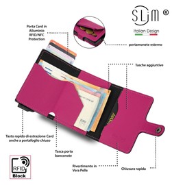 SLim Wallet for Men and Women, Smart Wallet Card Case with Coin Compartment and RFID Protection, Wallet Made in Italy, Tumbled Fuchsia, Modern