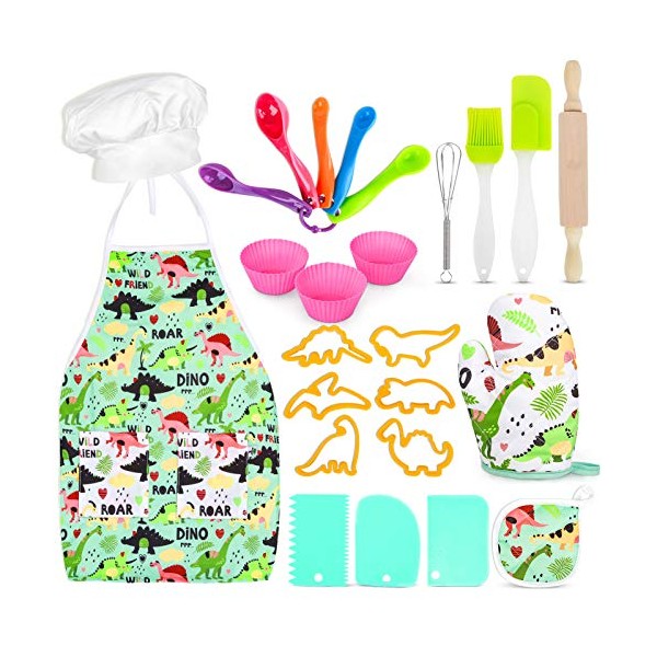 Aoskie Kids Baking Set with Dinosaur Apron, 25 Pcs Baking Kit Chef Dress Up Role Play Toys for Boys Girls Age 3-8