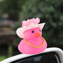 wonuu Car Cowboy Rubber Ducks, Dashboard Decorations Pink Duck for Car Ornament Accessories with Hat Heart Glasses Chain, White