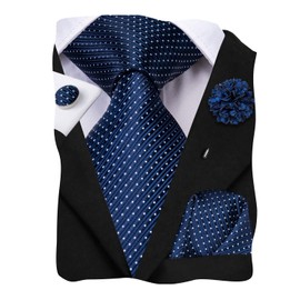 Hi-Tie Mens Tie Lapel Pin Set Pocket Square Cufflinks Woven Silk Ties for Men Wedding Formal,Blue White Dot